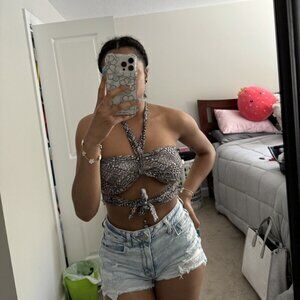 Black And White Tie Halter Crop Top4